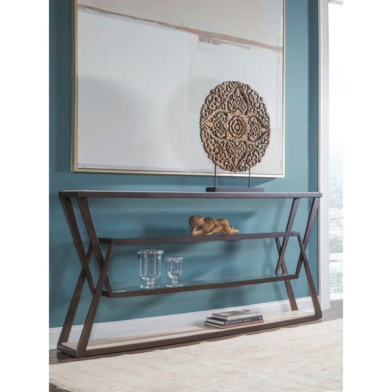 Adamo Beige Contemporary 72" Metal and Stone Console with Glass Shelves