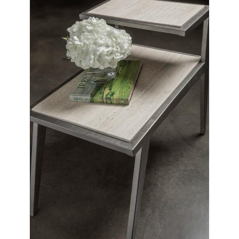 Adamo Contemporary Beige Stone and Metal Rectangular Side Table