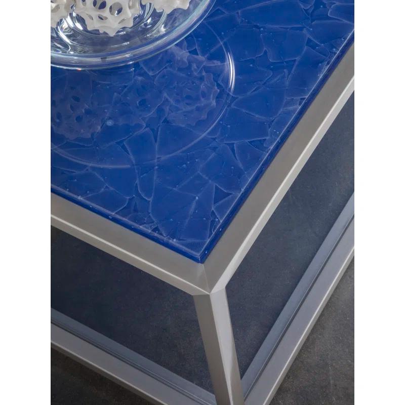 Contemporary Ultramarine Glass & Metal Rectangular Coffee Table