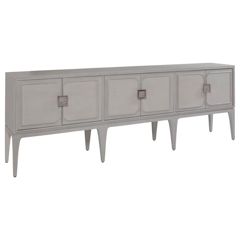 Transitional Misty Grey Quartered Oak Media Console with Raffia Panels