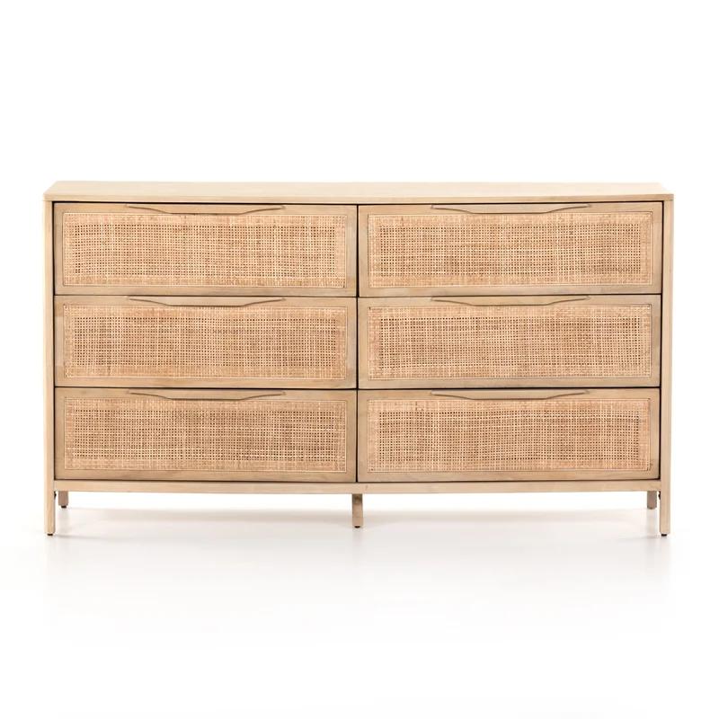 Coastal Charm Double Dresser with Mirror in Natural Mango & Woven Cane