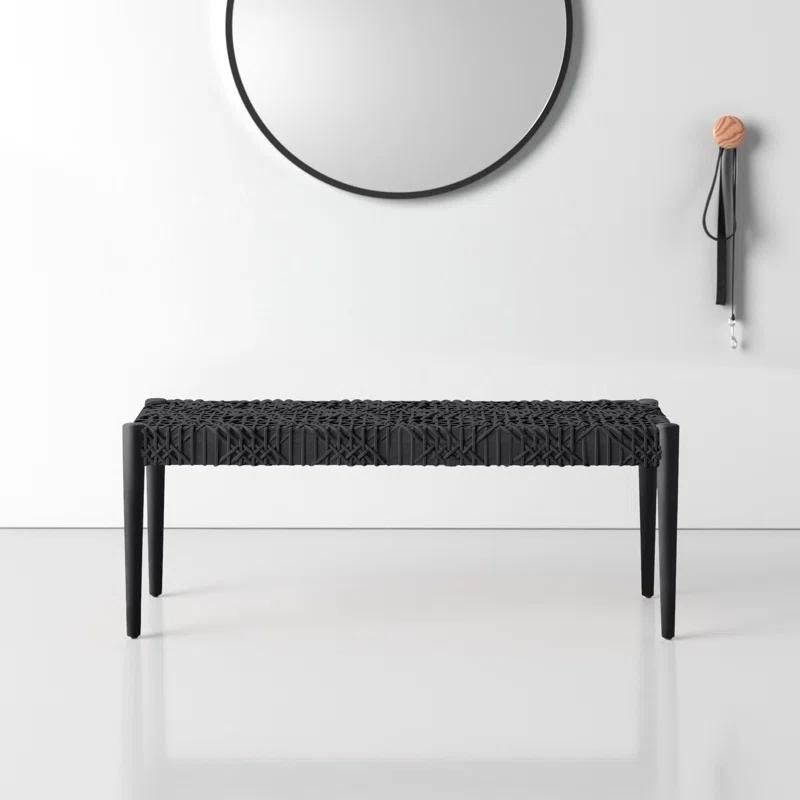 Alpine Elegance Black Cowhide Leather and Teak Bench, 47"