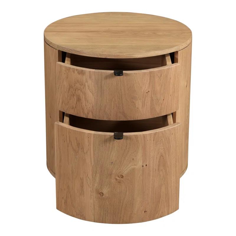 Scandinavian Solid Oak 2-Drawer Round Nightstand in Natural Brown