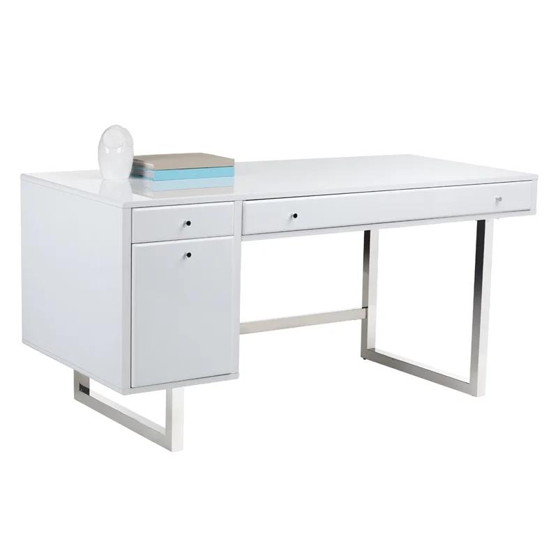 White Adjustable Height Wood Home Office Desk with Filing Cabinet