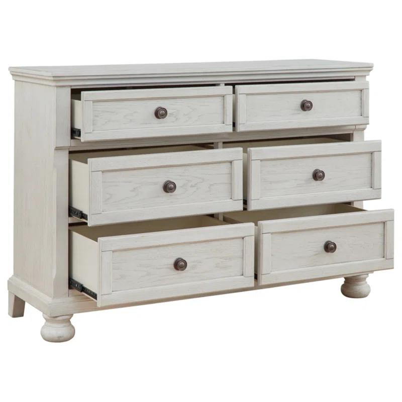 Elegant Antiqued White 52" Transitional Dresser with Bronze-Tone Knobs