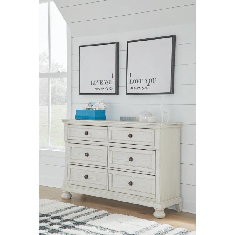 Elegant Antiqued White 52" Transitional Dresser with Bronze-Tone Knobs