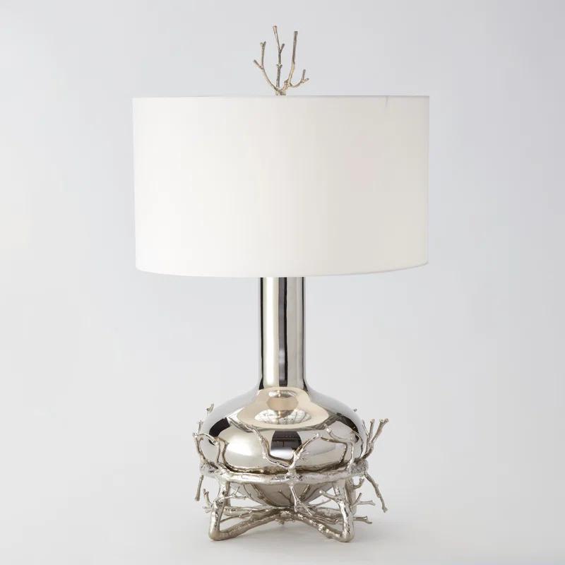 Elegant Nickel Twig 2-Light Table Lamp with Creme Faux Silk Shade