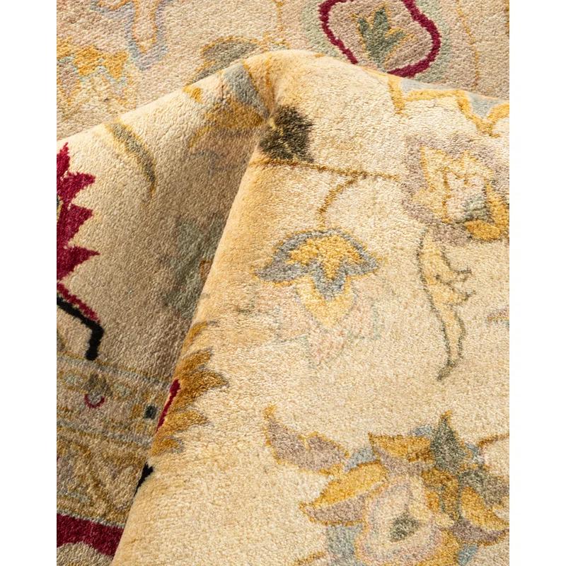 Elegant Hand-Knotted Ivory/Beige/Burgundy Wool Oriental Rug 10' x 14'