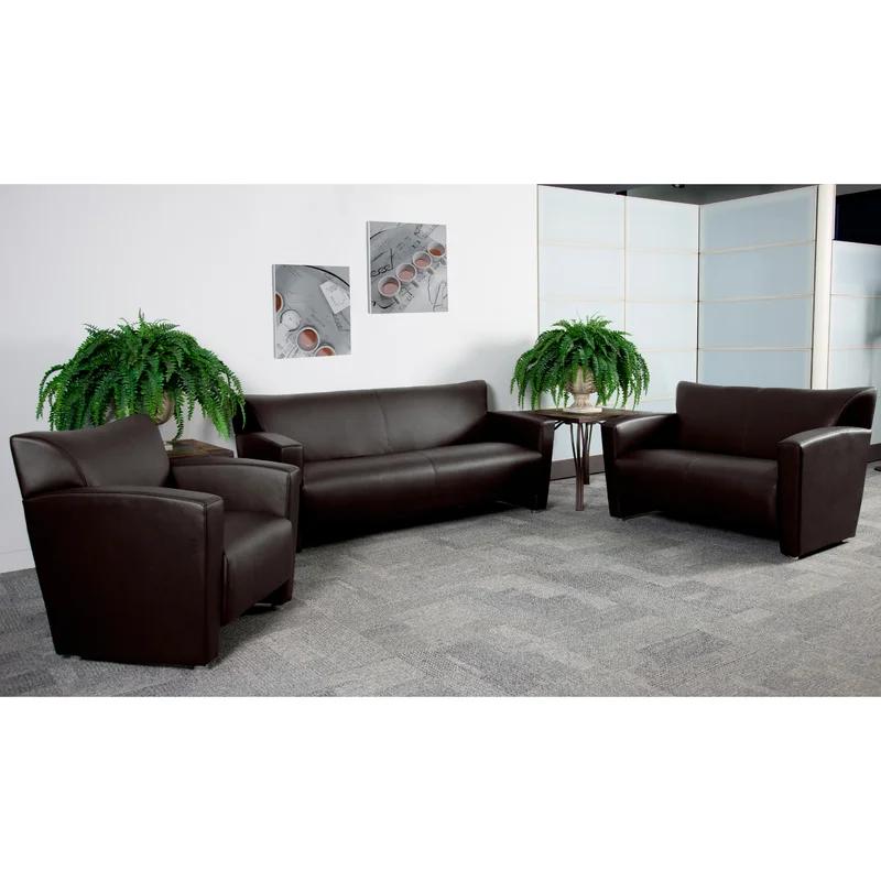 Modern Brown Faux Leather Loveseat with Flared Wooden Arms