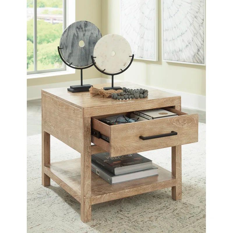 Transitional Belenburg Square Wood End Table with Drawer, Brown