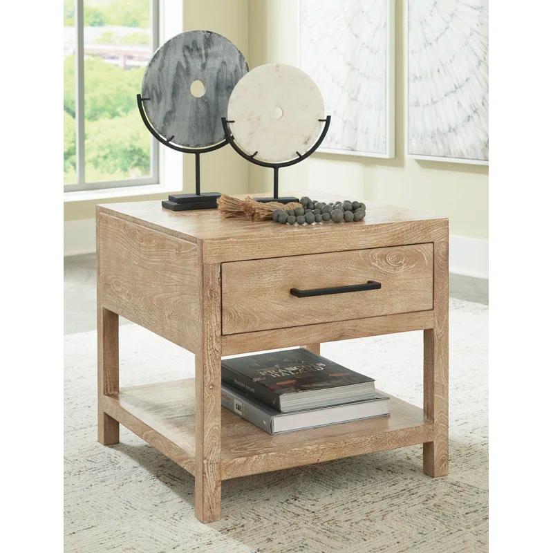 Transitional Belenburg Square Wood End Table with Drawer, Brown