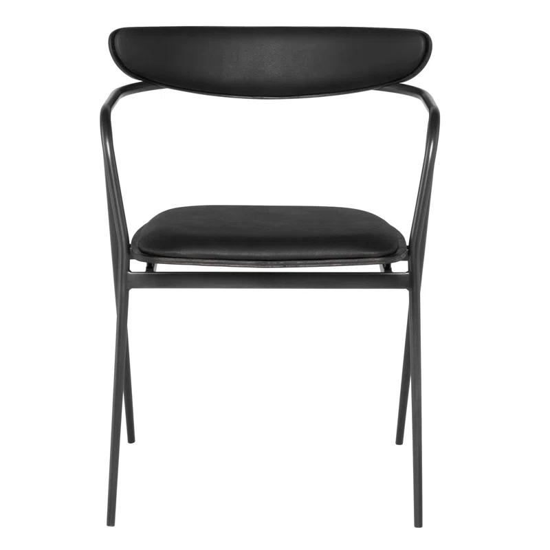 Raven Black Leather and Wood Metal Slat Armchair 21.5"