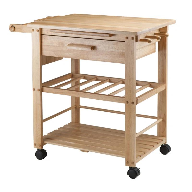 Transitional Brown Wood Kitchen Cart with Wine Storage and Knife Block