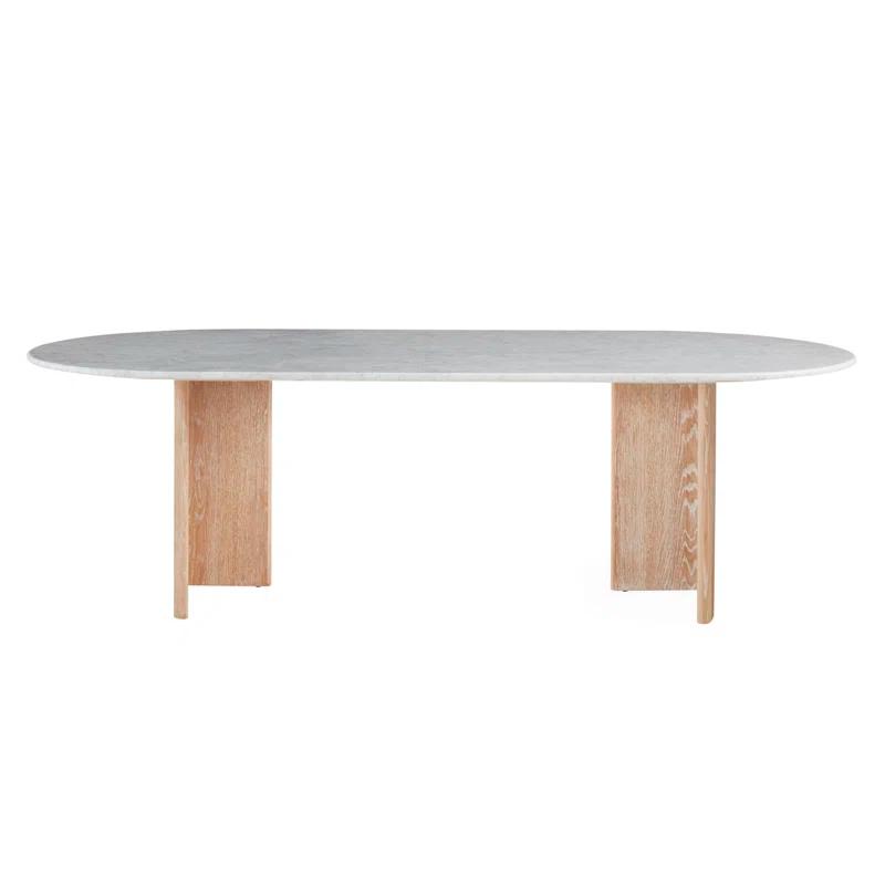 Oval White Marble and Oak Pedestal Dining Table