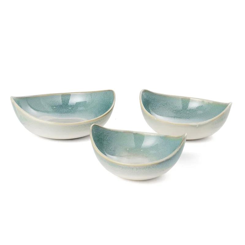 Coastal Charm Green and White Ceramic Nesting Bowls - Set of 3