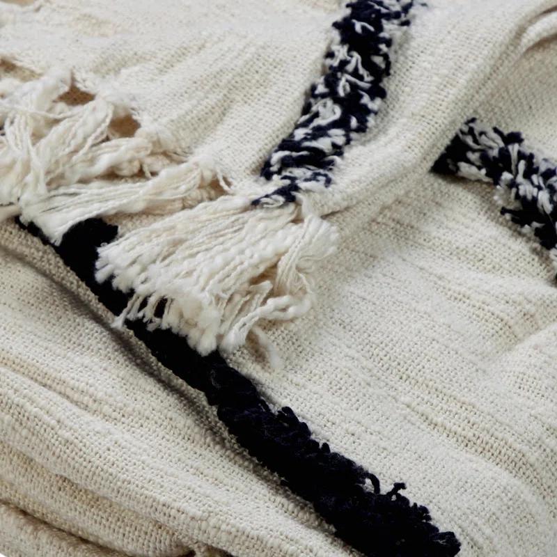 Handwoven Luxe Cotton Fringed Throw Blanket, Natural & Navy, 50" x 60"