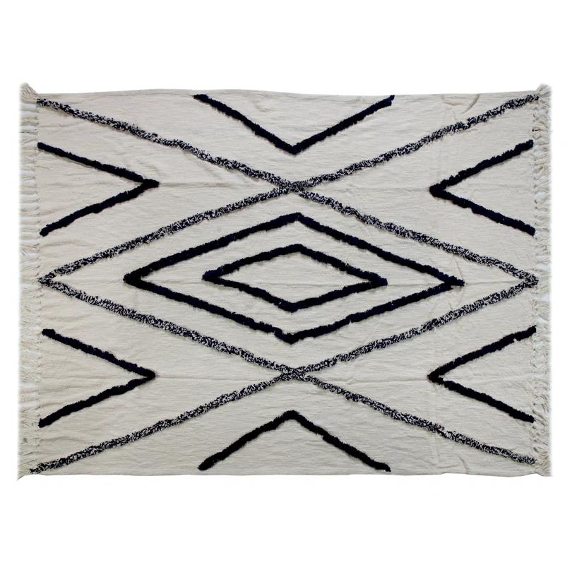 Handwoven Luxe Cotton Fringed Throw Blanket, Natural & Navy, 50" x 60"