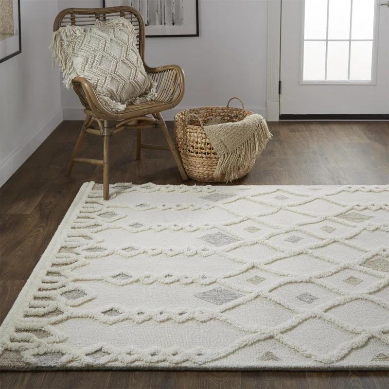 Ivory Geometric Tufted Wool 10' x 14' Area Rug