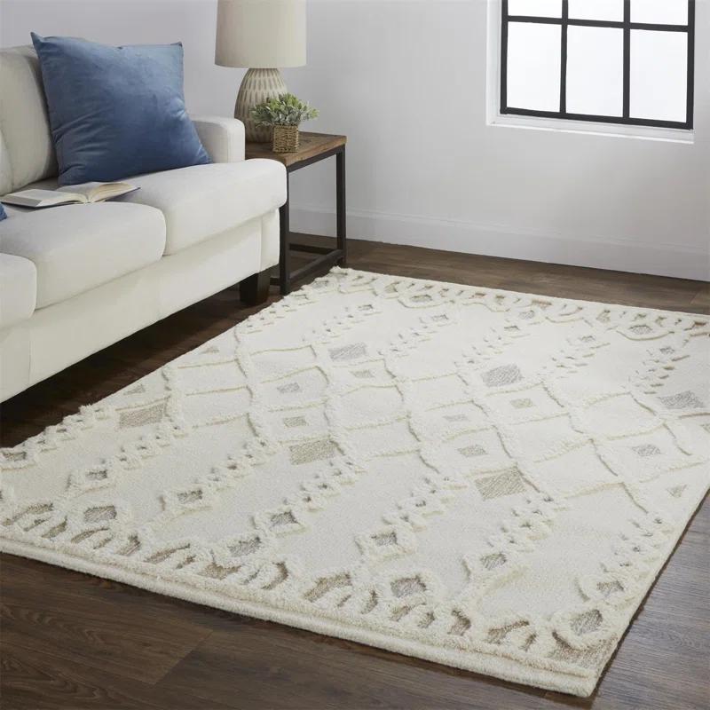 Ivory Geometric Tufted Wool 10' x 14' Area Rug