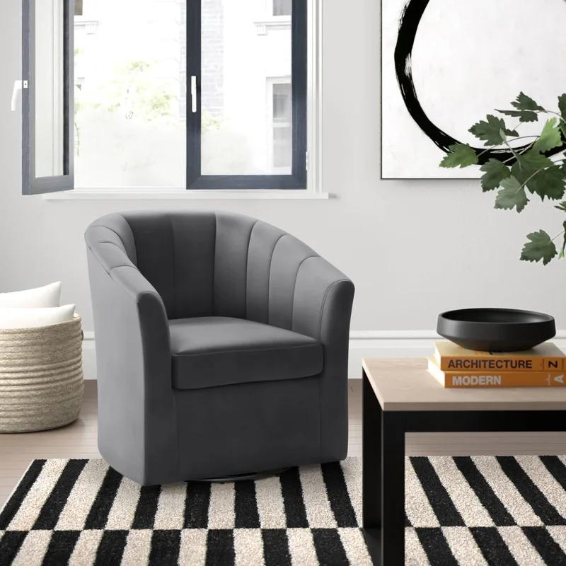 Charcoal Velvet Channel Tufted Swivel Barrel Chair