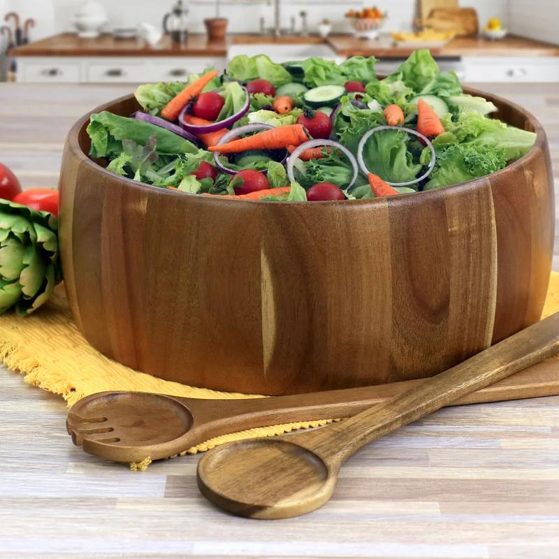 Elite Acacia Wood 15" Salad Bowl Set with Serving Utensils