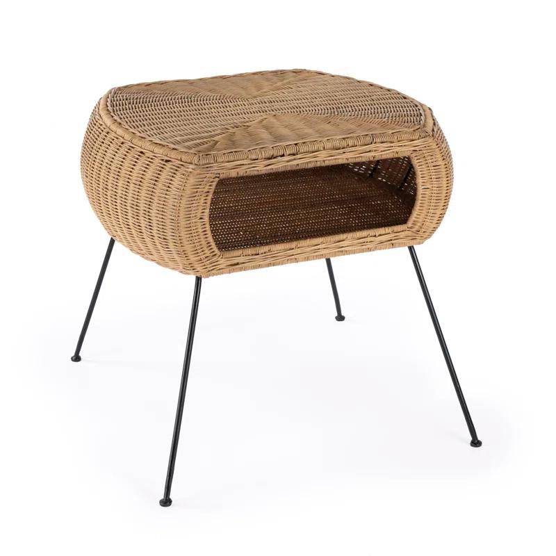 Natural Rattan and Black Iron Round End Table