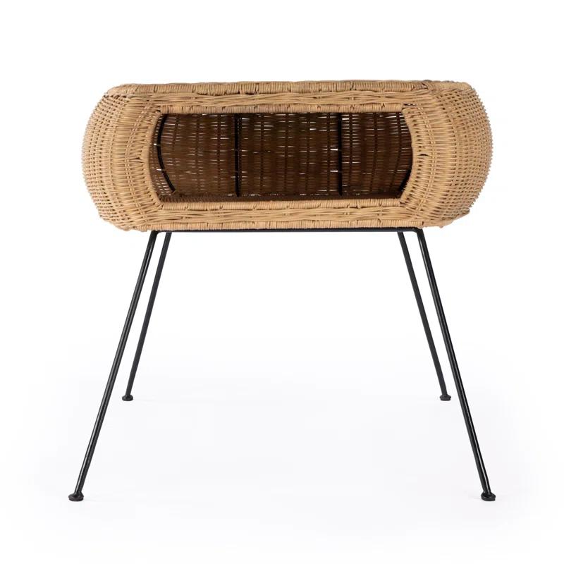 Natural Rattan and Black Iron Round End Table