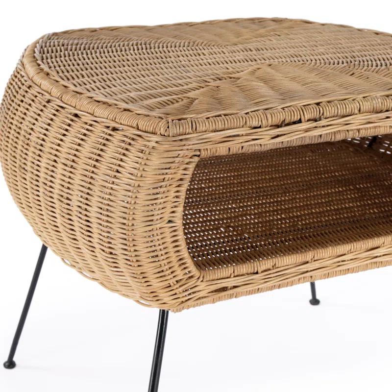 Natural Rattan and Black Iron Round End Table