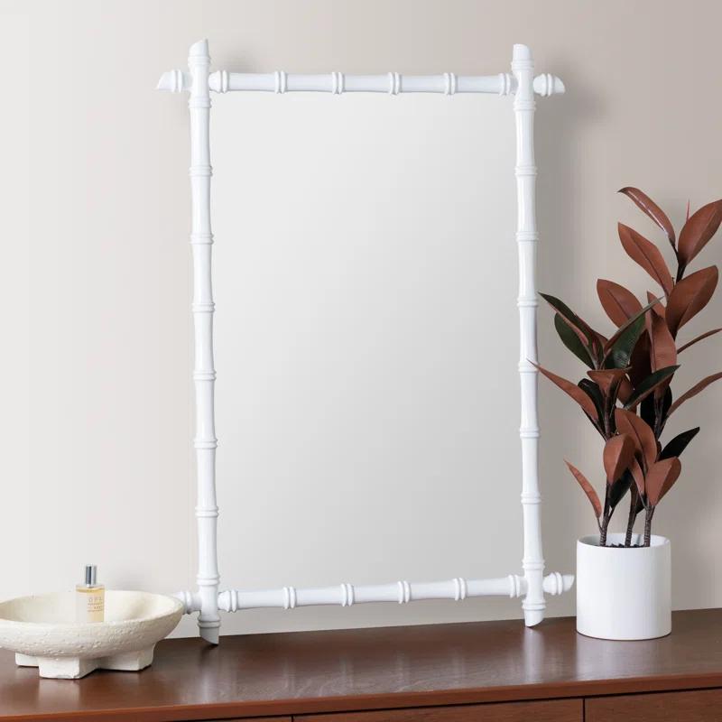 Glossy White Bamboo-Inspired Rectangular Wall Mirror