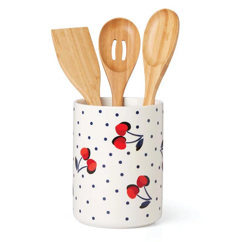 Vintage Cherry Dot Earthenware Utensil Storage Set