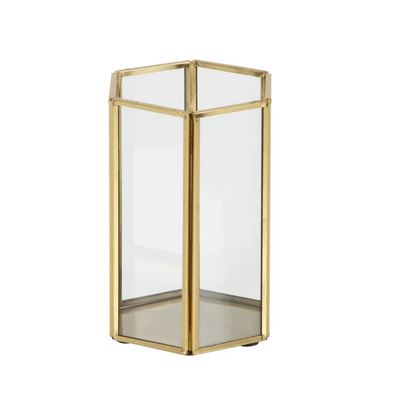 Gold Iron and Glass Hexagonal Candle Lantern Set