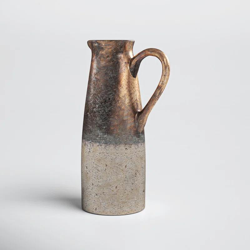 Sienna Brown Terracotta Pitcher with Metallic Accents, 14.4" High