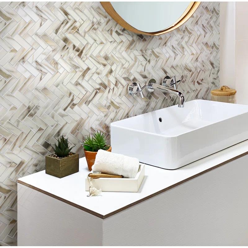 Apollo Tile   10 pack 11-in x 12.6-in White Beige Matte Finished Recycled Glass Herringbone Mosaic Tile (9.63 Sq ft/case)