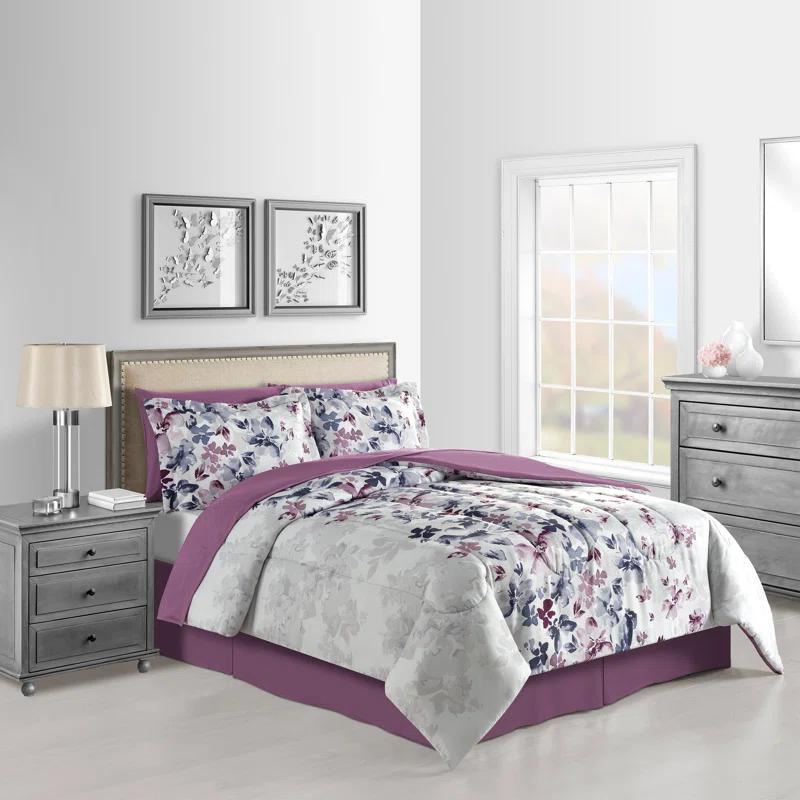 Purple Floral Reversible Full Microfiber Comforter Set