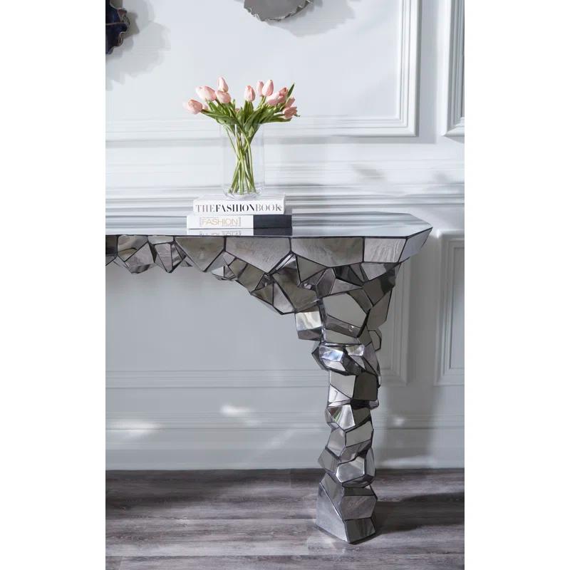 Silver Glass and Metal Rectangular Console Table with Storage