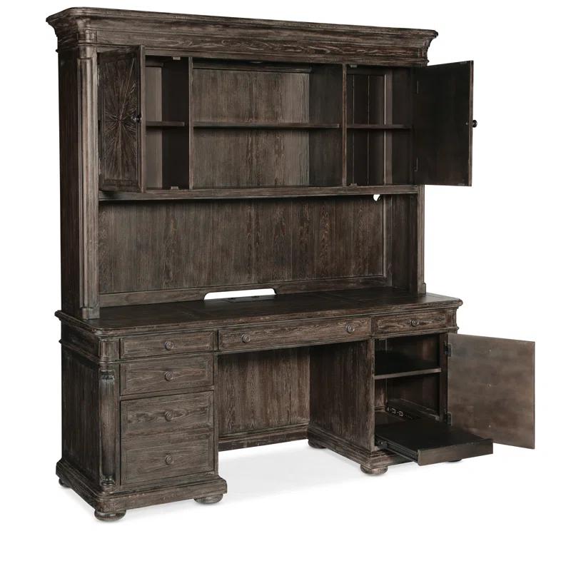 Maduro Pine Executive Desk with USB Charging and Hutch