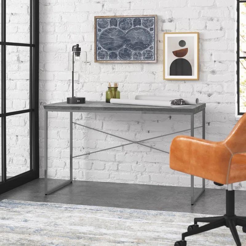 Contemporary Gray Wood Desk with Silver Metal Sled Base and Drawer