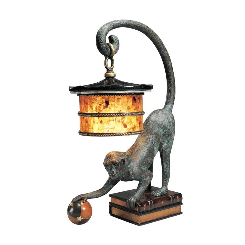 Verdigris Bronze Patina Monkey Lamp with Leather Book Design