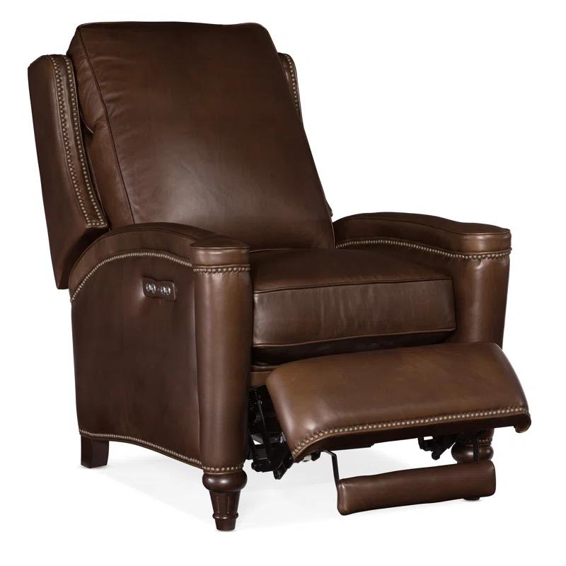 Espresso Genuine Leather Recliner with Dark Wood Frame