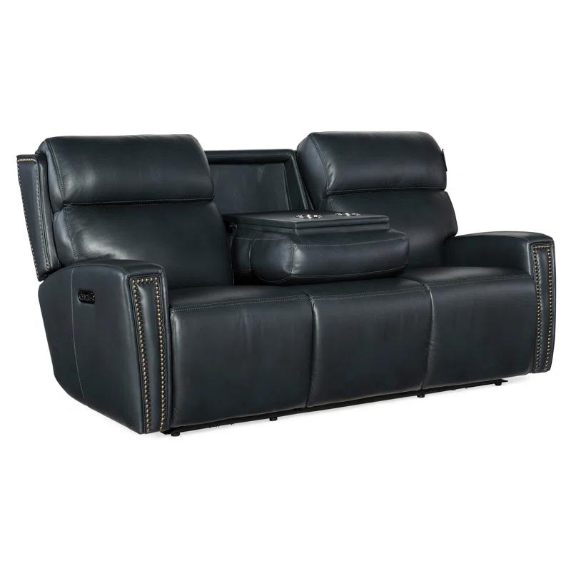 Salvo Denim Leather Reclining Sofa with Nailhead Trim