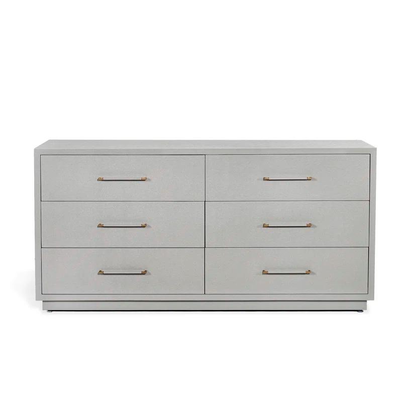 Coastal Double 6-Drawer Dresser in Light Grey with Antique Brass Finish