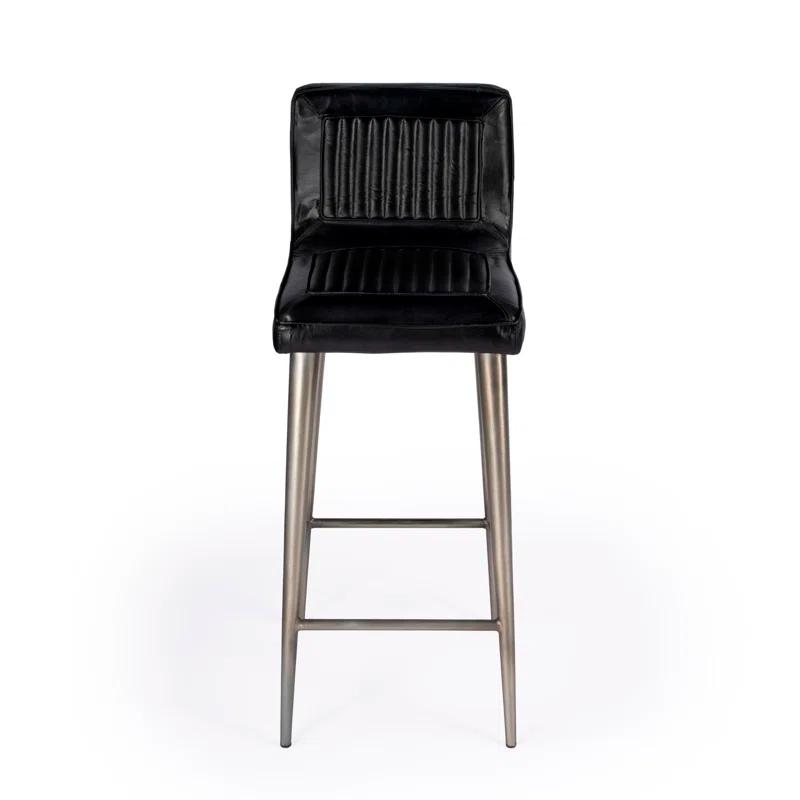 Vintage-Inspired Supple Black Leather Bar Stool with Iron Frame