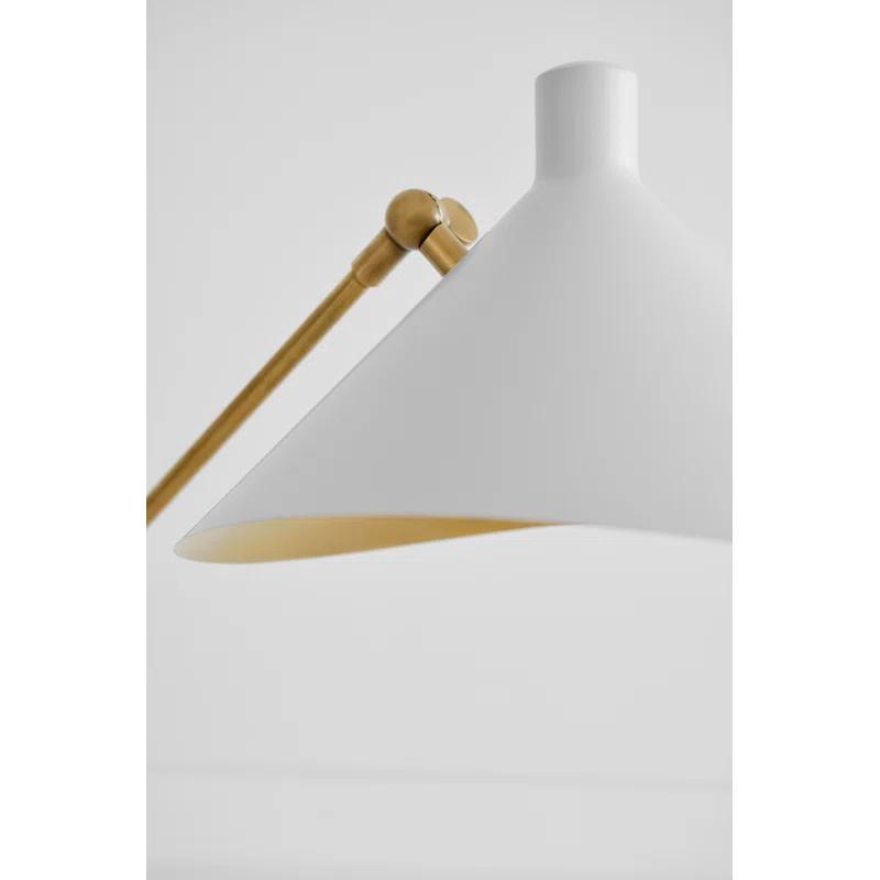Adjustable White and Antique Brass Mid-Century Modern Floor Lamp