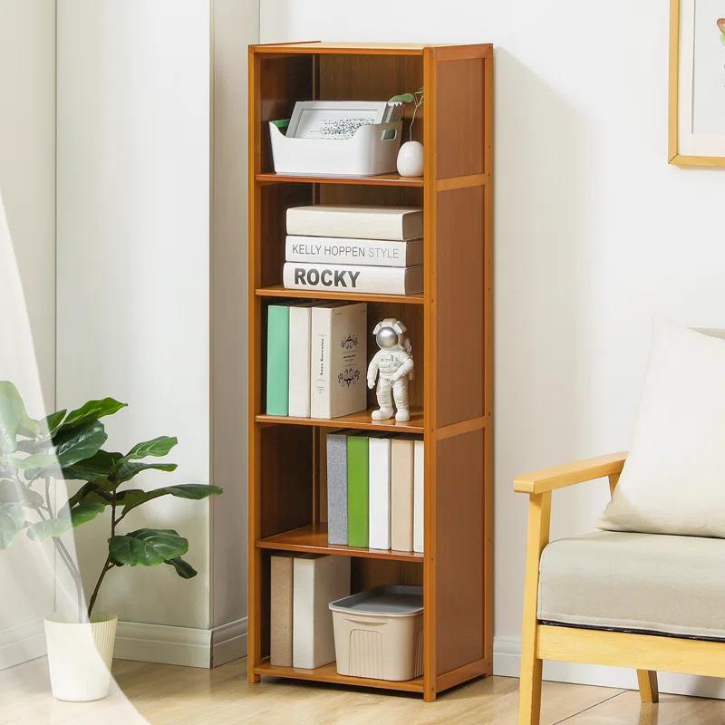 Brown Bamboo 5-Shelf Modern Bookcase with Back