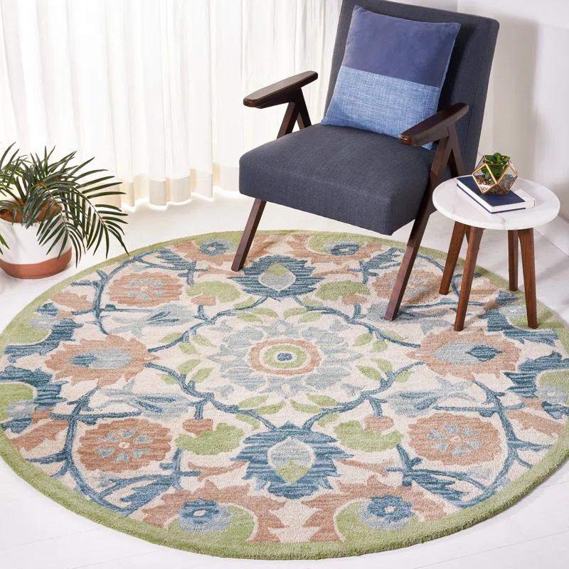 Ivory and Green Hand Tufted Wool Floral Rug