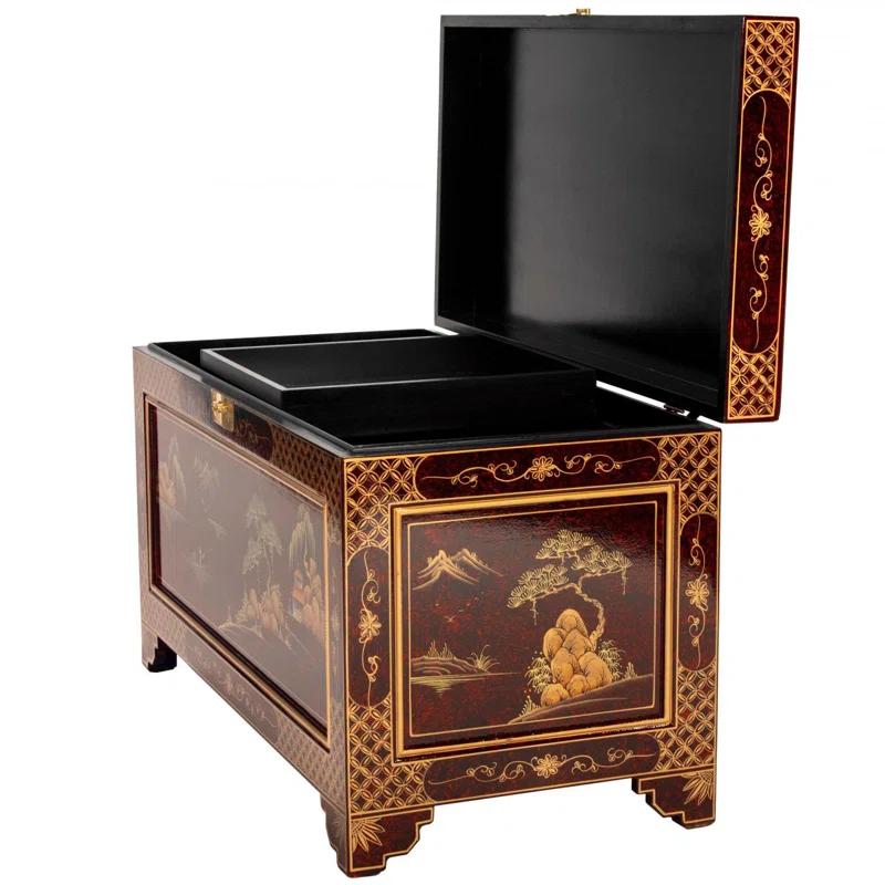 Hand-Crafted Red Lacquer Storage Trunk with Gold Landscape Design
