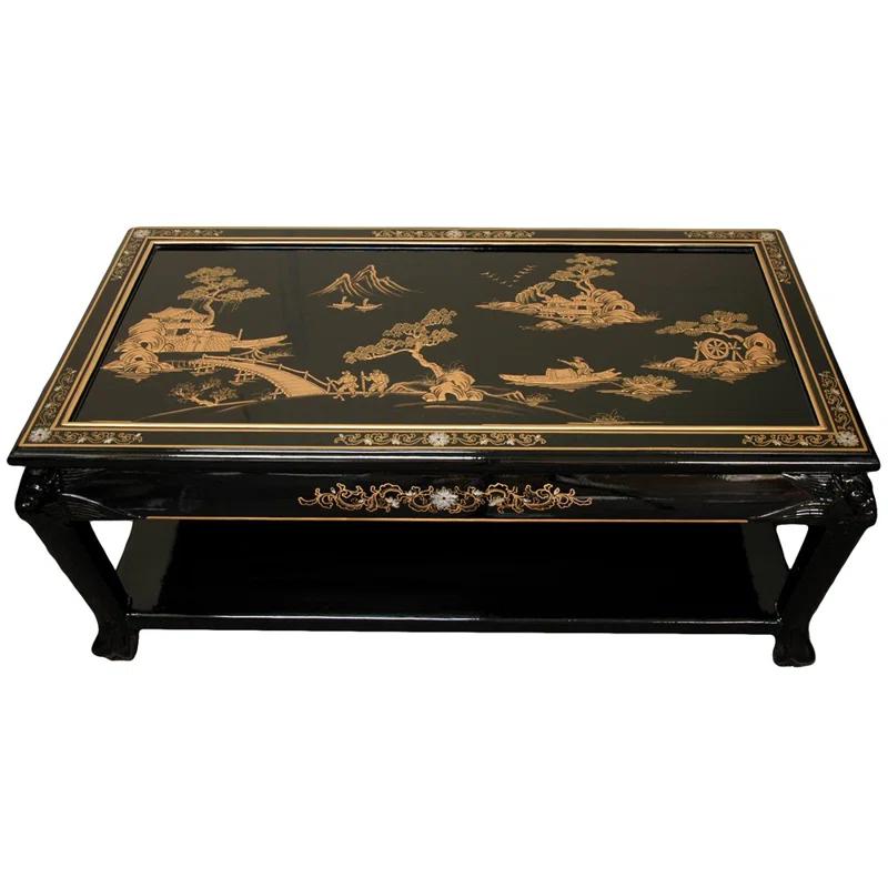 Elegant 40" Black Lacquer Wood Coffee Table with Oriental Landscape