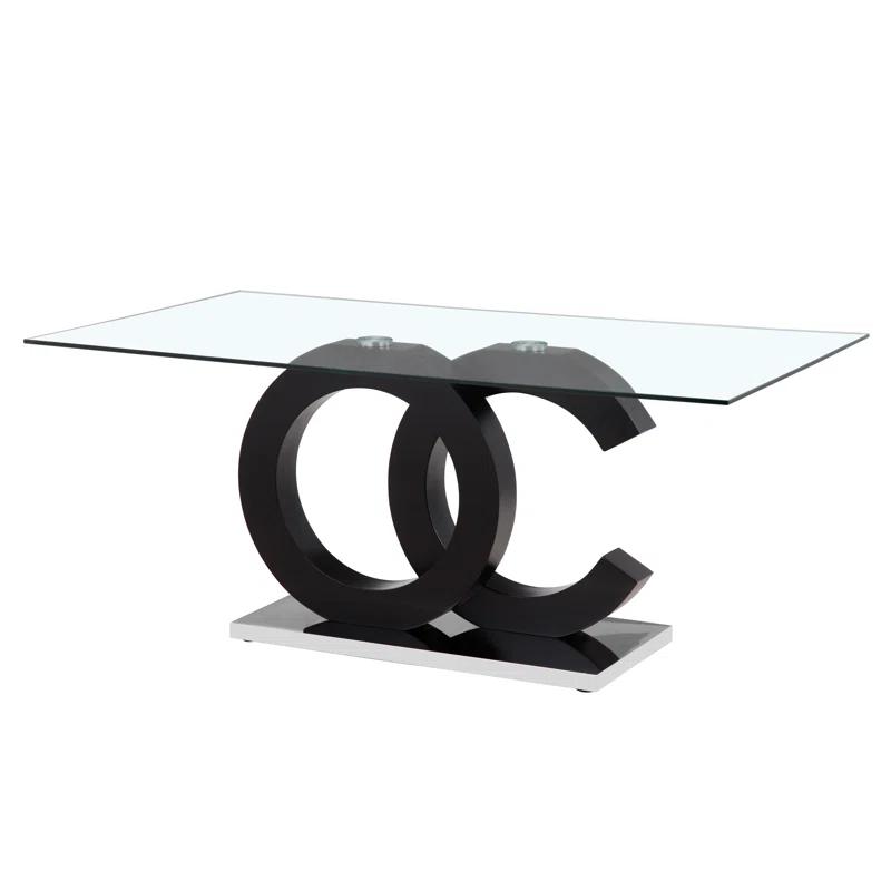 Contemporary Matte Black and Stainless Steel Dining Table with Glass Top