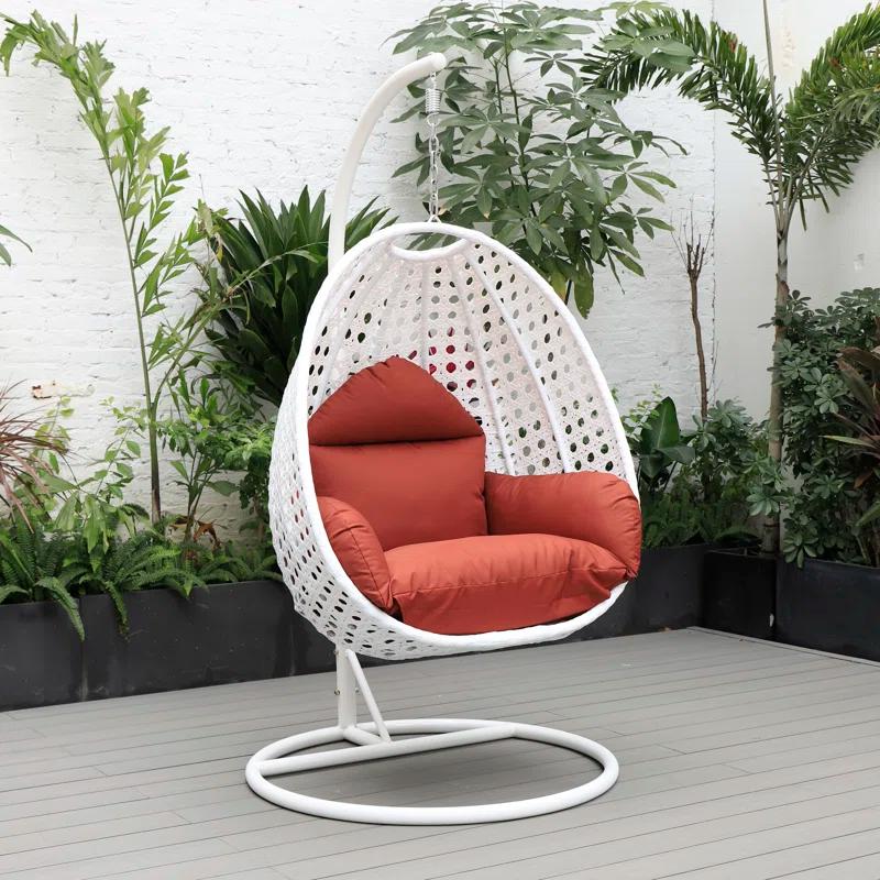 LeisureMod Cherry Wicker Indoor/Outdoor Hanging Egg Swing Chair with Cushions