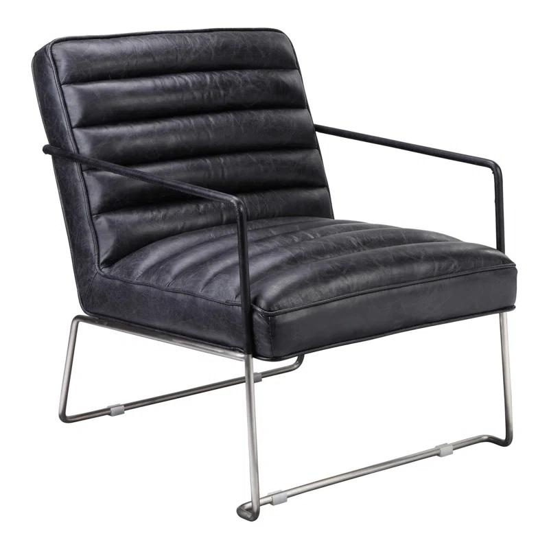 Contemporary Black Genuine Leather Slipper Accent Chair